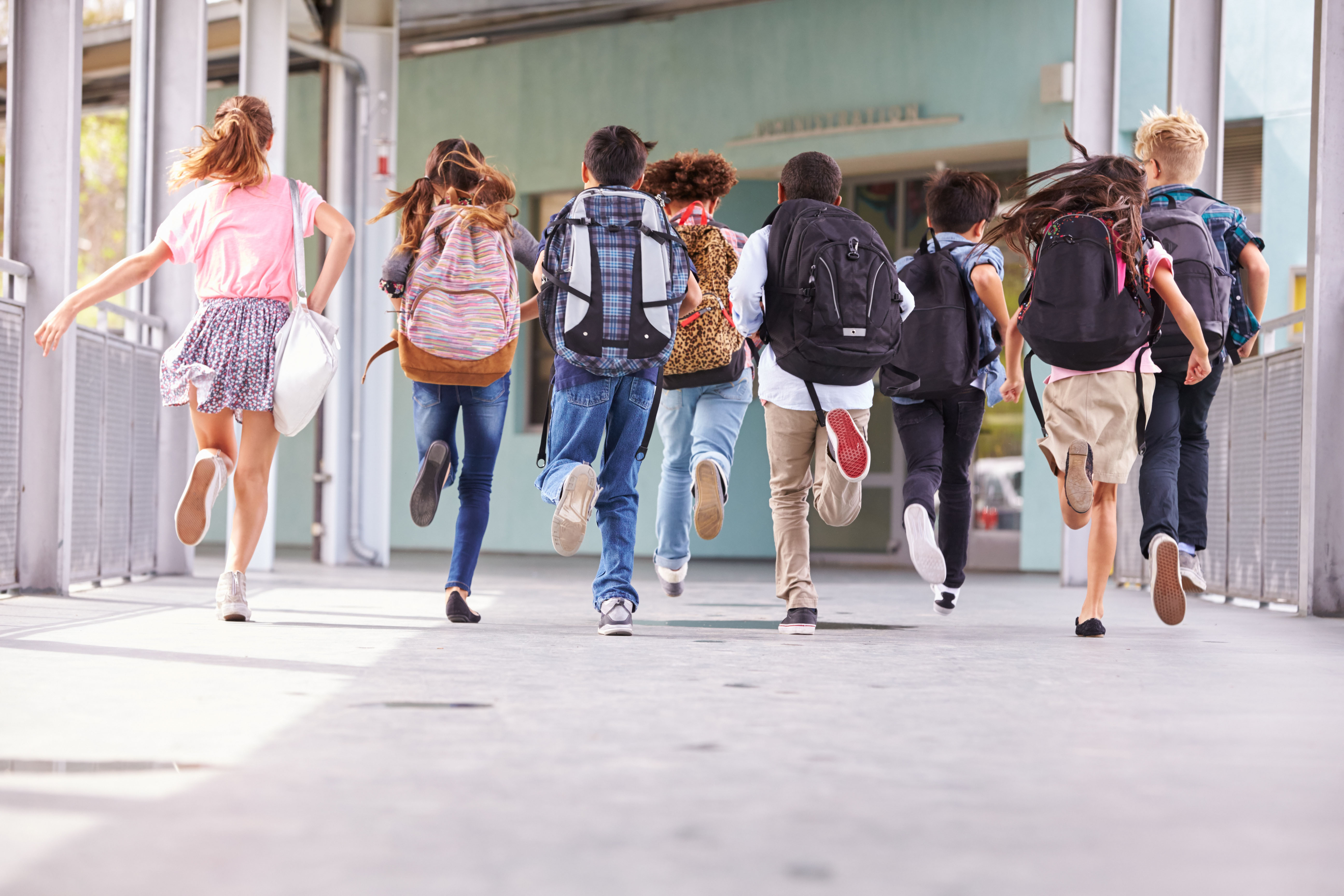 Group,Of,Elementary,School,Kids,Running,At,School,,Back,View student backpack