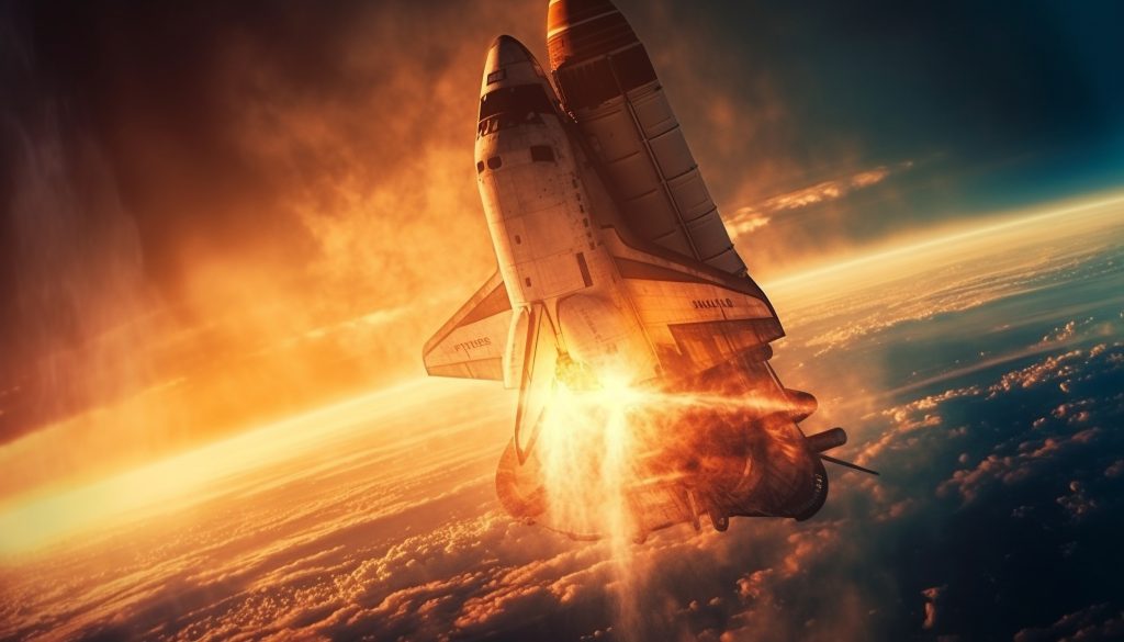 Rocket taking off at dusk, propelling towards the stratosphere generated by AI From Lab to Classroom With Space X