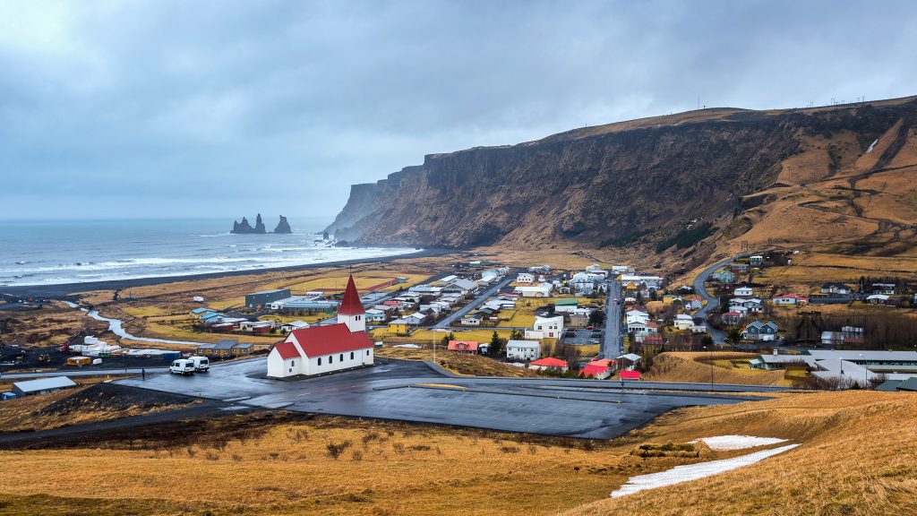 Beautiful Red Church and Vik village, Iceland. iceland and sustainable story
